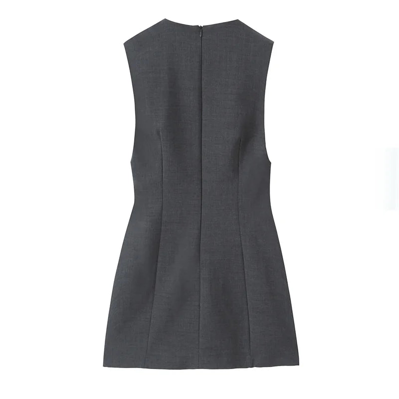 Women's Dress 2025 Autumn New Style Gray Sleeveless Deep V-Neck Mini Dress Sexy Fashionable and Elegant