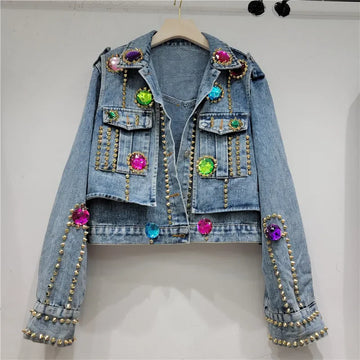 Spring Autumn New Women Denim Coat Fashion Crystal Decoration Lapel Rivet Short Bomber Jacket Female Loose Jeans Tops Tide T1028