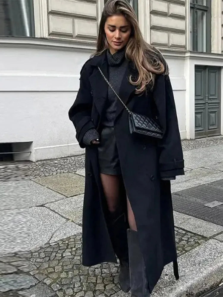Elegant Solid Women Woolen Long Coats Loose Lapel Double-breasted Full Sleeve Shoulder Pads Overcoat 2025 Autumn New Outerwears