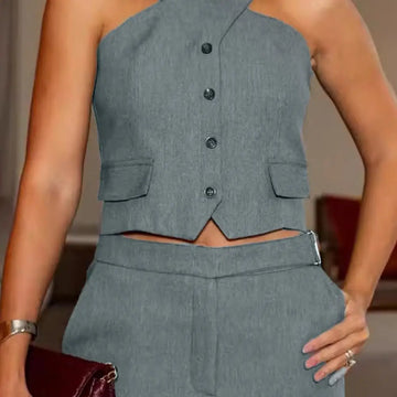 2 Pcs/Set Women Vest Skirt Set Cross Halter Neck Two Pieces Sets Suit Vest Top High Waist Side Split Maxi Skirt Set