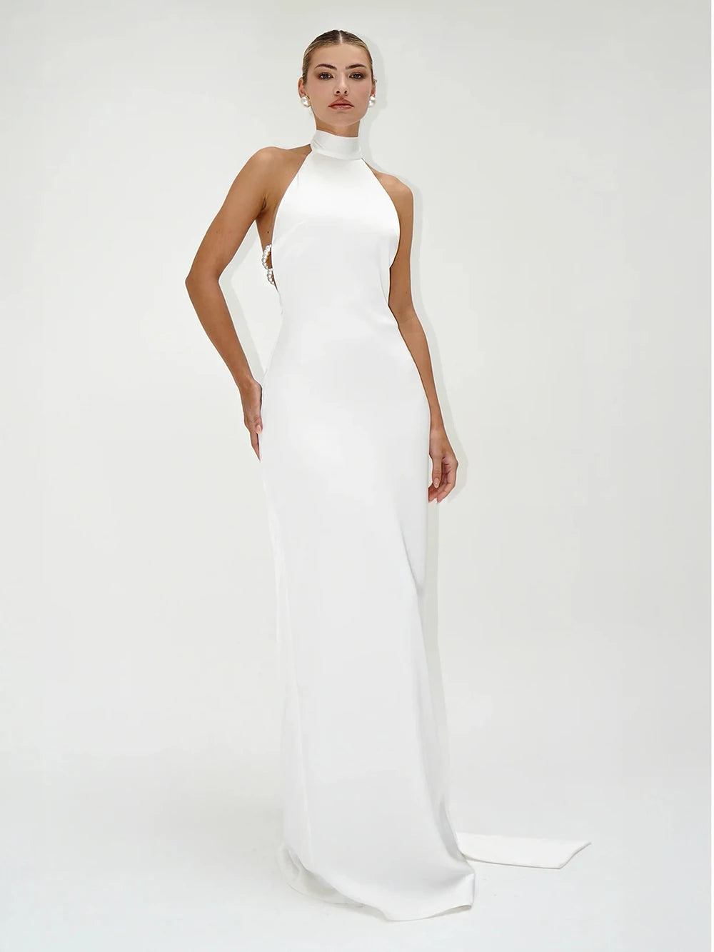 Elegant Solid Ribbon Women Halter Dress Off Shoulder Pearl Chain Backless Slim Female Maxi Dresses Wedding Gowns Chic Lady Robe